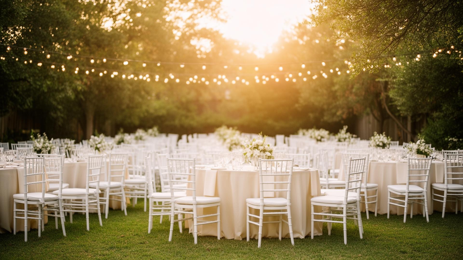 Elegant outdoor event with white chairs and tables